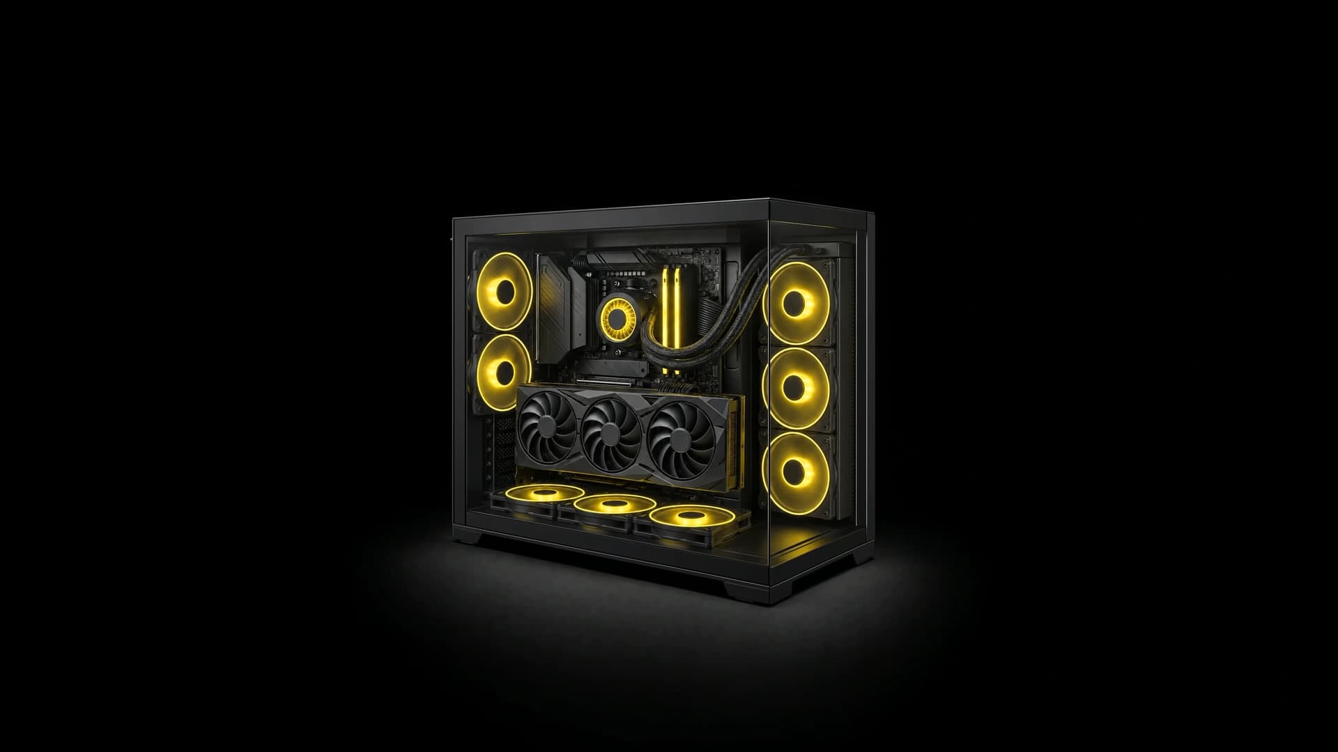 A custom PC with gold-lit fans
